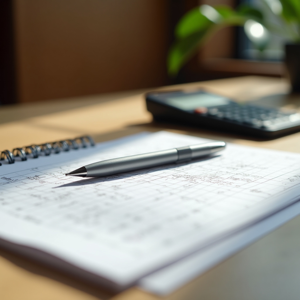 Close-up of a desk with a calculator, printed spreadsheet, and pen, viewed from a slightly tilted angle