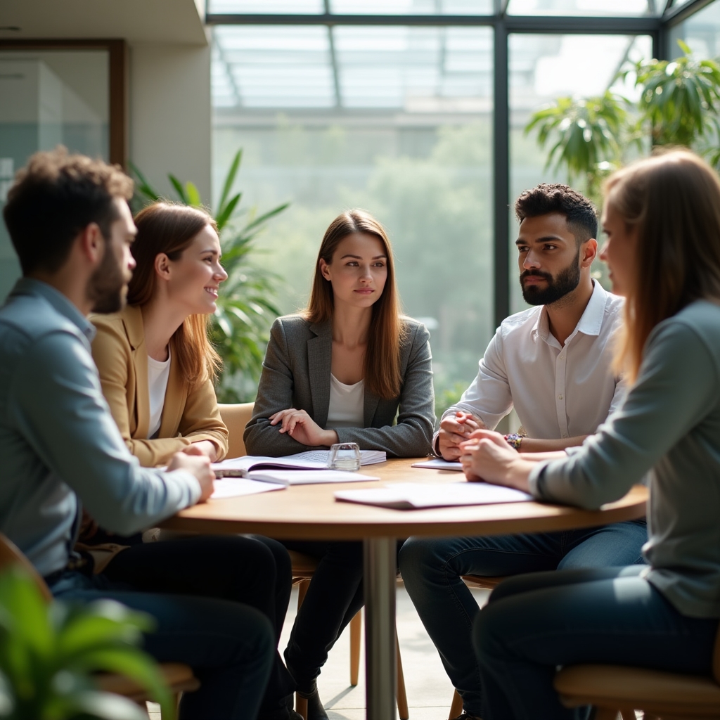 Group of colleagues sitting together around a low table, listening attentively during a discussion