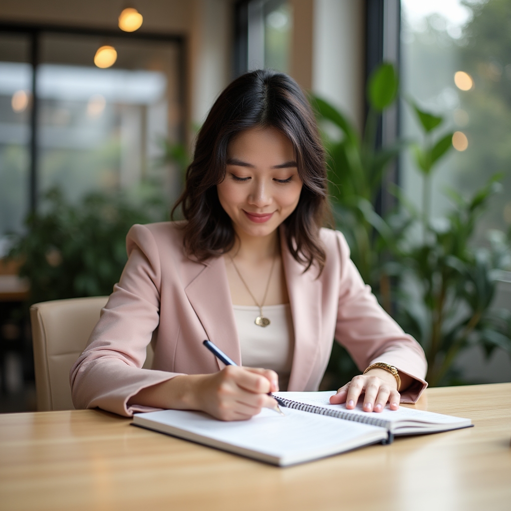 Woman sitting at a wooden desk reviewing a notebook of financial reflections in soft morning light