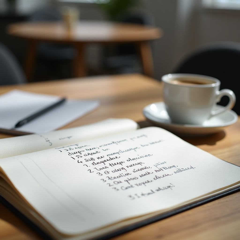 Notebook with handwritten process steps laid out on a wooden table beside a cup of coffee