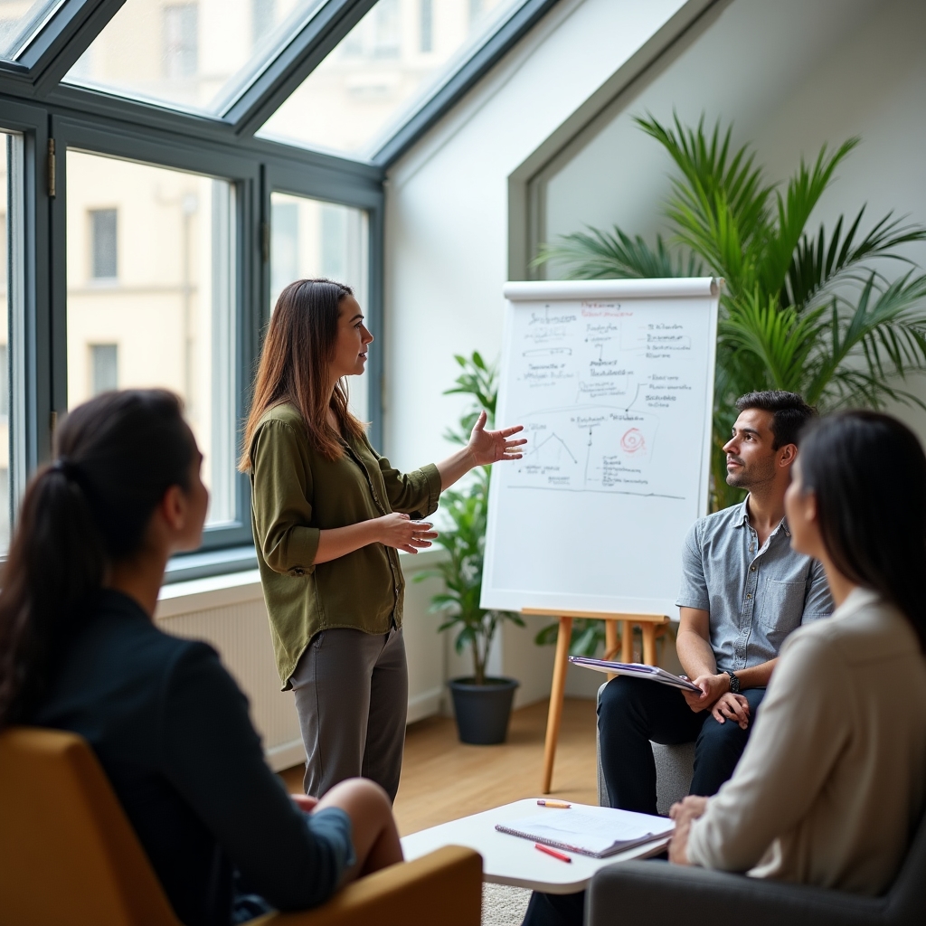 Facilitator standing beside a whiteboard leading a small discussion group on money and confidence