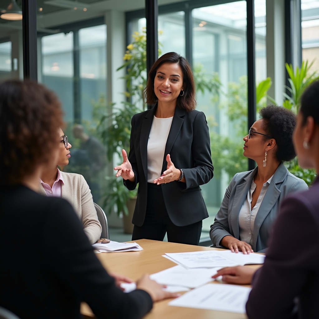 Facilitator speaking to a seated group while gesturing toward a printed handout on a table
